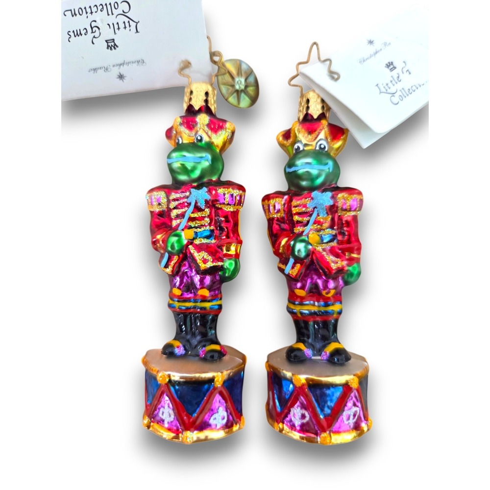 NWT Christopher Radko Little Gems Christmas Ornament Set of 2 Drummer Frogs 3''